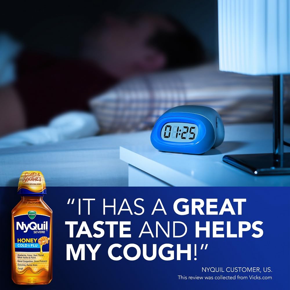 VICKS DayQuil & NyQuil SEVERE Honey Flavor Co-Pack, Cold & Flu Medicine, Relieves Headache, Fever, Sore Throat, Minor Aches & Pains, Nasal Congestion, Sinus Pressure, Stuffy Nose, and Cough, 2x12oz