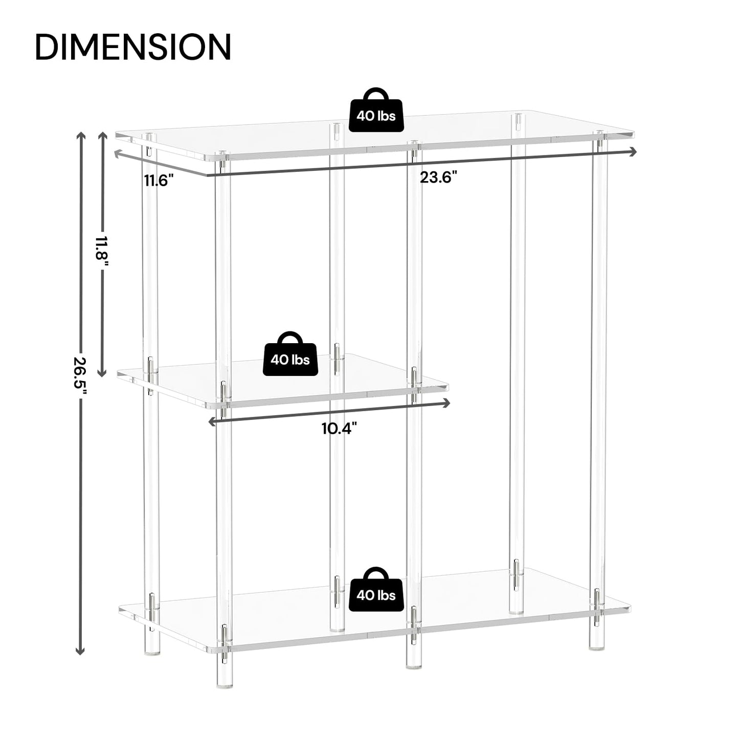 CRTERICX Acrylic 3-Cube Bookshelf for Small Spaces, 11.6" D x 23.6" W x 26.5" H, Clear Short Bookcase, Modern, 3-Tier Open Book Shelf for Living Room, Bedroom, Office, Easy Assembly