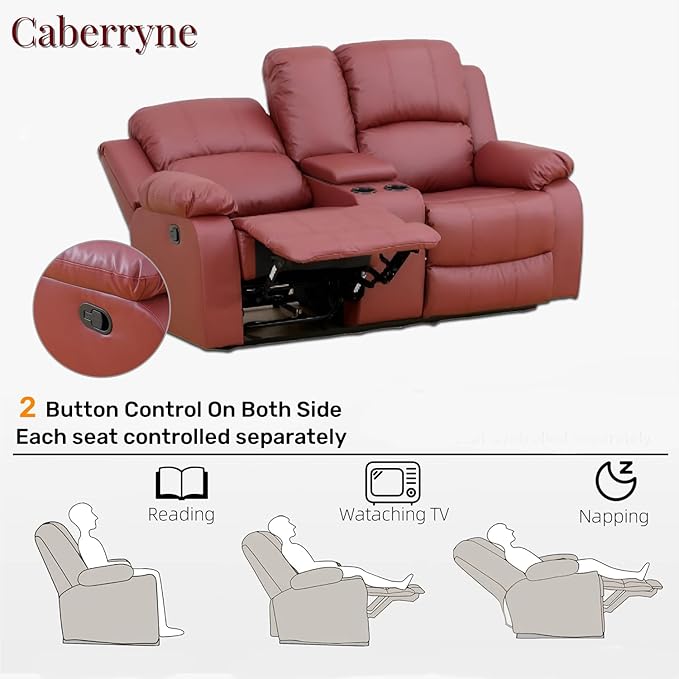 Caberryne Leather Recliner Sofa，Reclining Sofa Set for Living Room Furniture Sets，Red Double Recliner Loveseat for Living Room/Office/Theater Seating/Rv(2 Seater Couch)