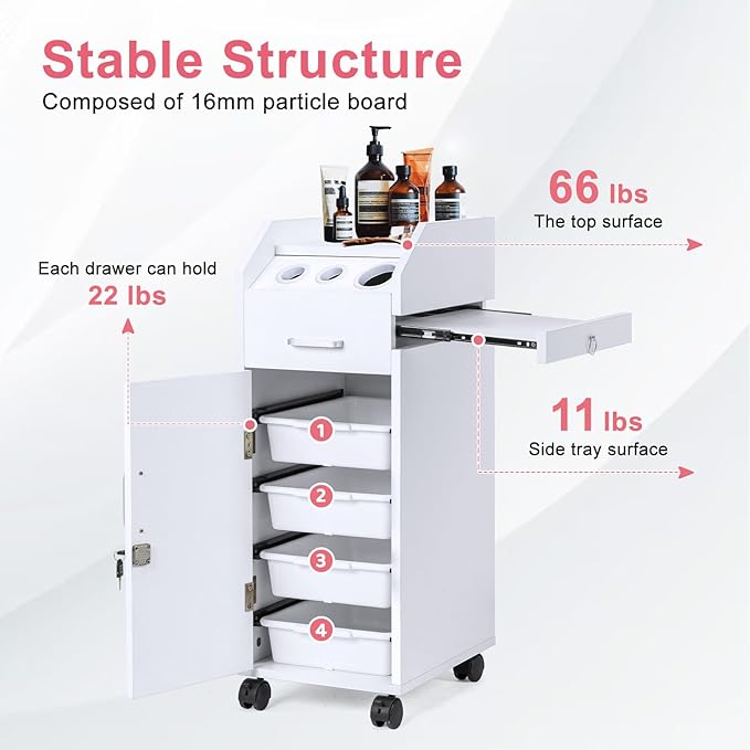 Winado Hair Salon Storage Cart with Wheels & 3 Hair Dryer Holders & 4 Drawers & Lock & 2 Keys, Hairdressing Tools Station Mobile Makeup Case, SPA Utility Trolley (White)