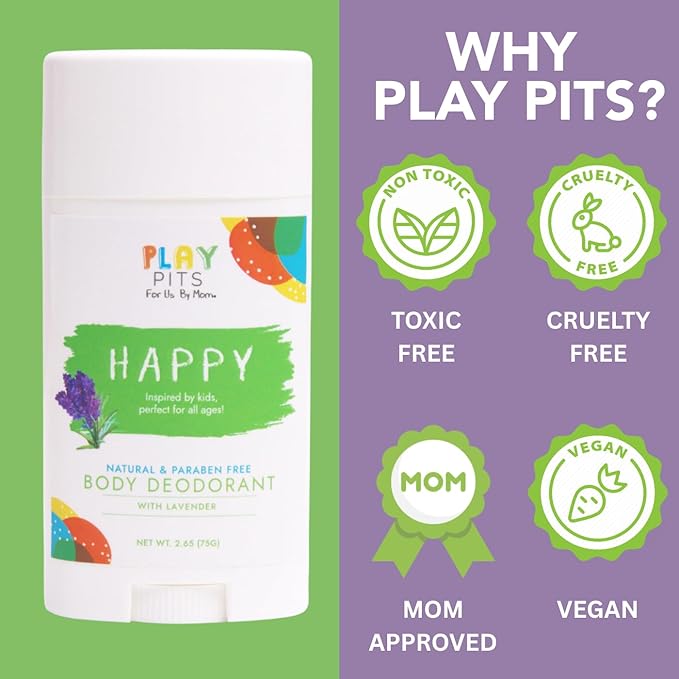 PLAY PITS - Kids Deodorant for Girls & Boys - Natural - Aluminum-Salt Free - Safe for Sensitive Skin - Variety Pack - SUGA, SONSHINE, & HAPPY – Clean, Non-Toxic, & Paraben Free - 2.65oz - 3 pack