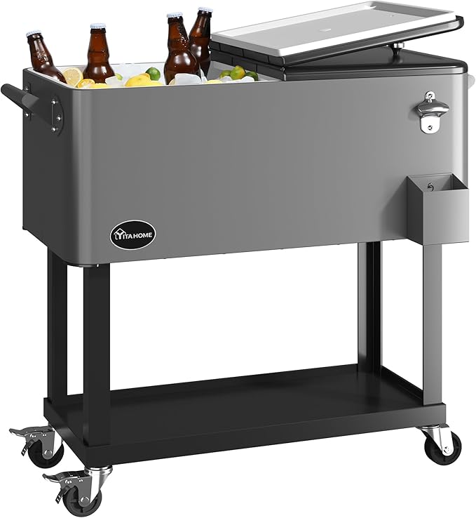 YITAHOME 80 Quart Patio Cooler Cart with Bottle Opener Drainage, Portable Rolling Beverage Cart for Outdoor Drink Cooler, ...