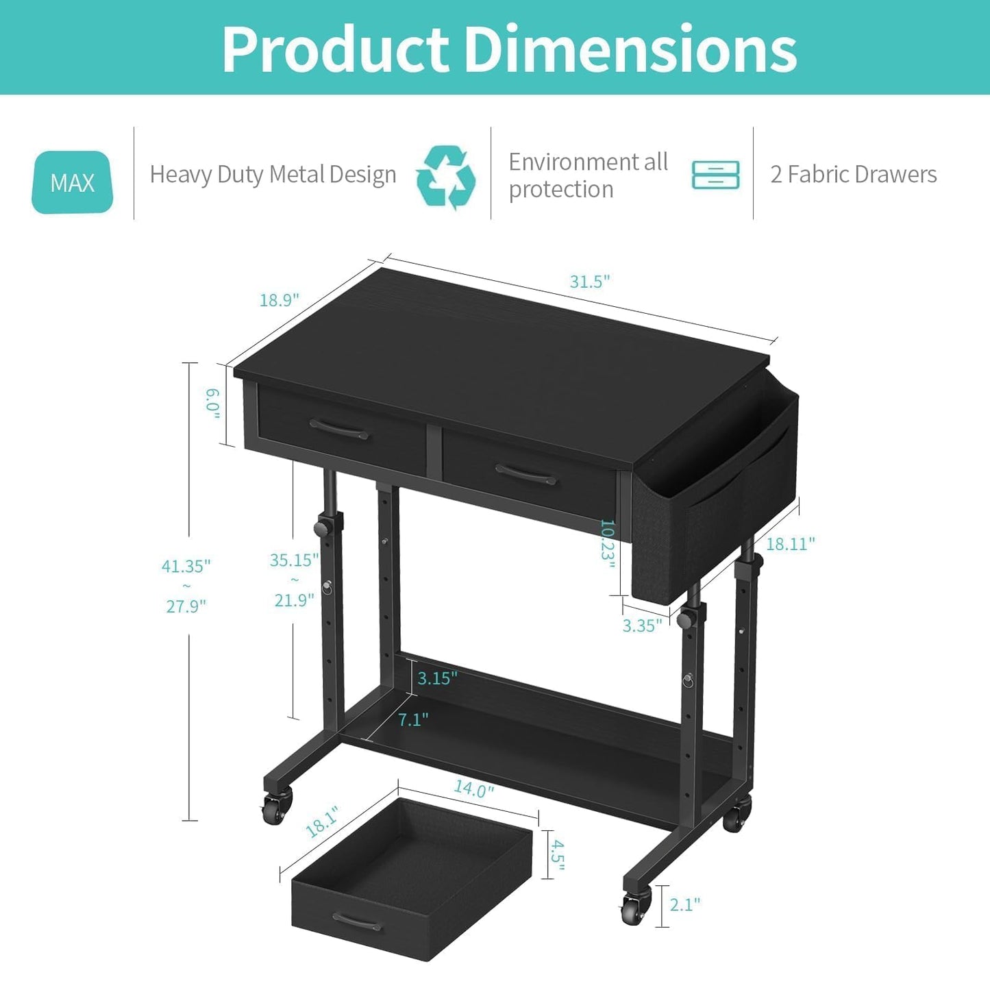 Small Portable Rolling Standing Desk - 32 Inch Adjustable Mobile Stand Up Teacher Desks with 2 Fabric Drawers on Wheels for Classroom, Couch Sofa Side Laptop Table with Storage for Home Office, Black