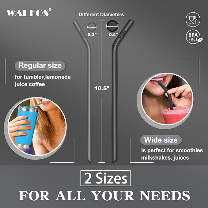 Walfos Silicone Straws - Reusable straws Bendy straws for Smoothies/20 & 30 oz Tumblers, BPA Free. 2 Size (3pcs Wide S + 3 pcs Regular + 2 Cleaning Brushes）