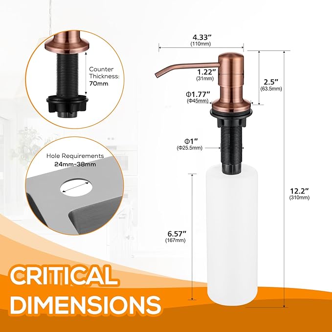 Built in Sink Soap Dispenser Lotion Dispenser for Kitchen Sink, Soap Dispenser with 17 Ounce Bottle, Soap Pump Built in Countertop Under Sink, Red Bronze