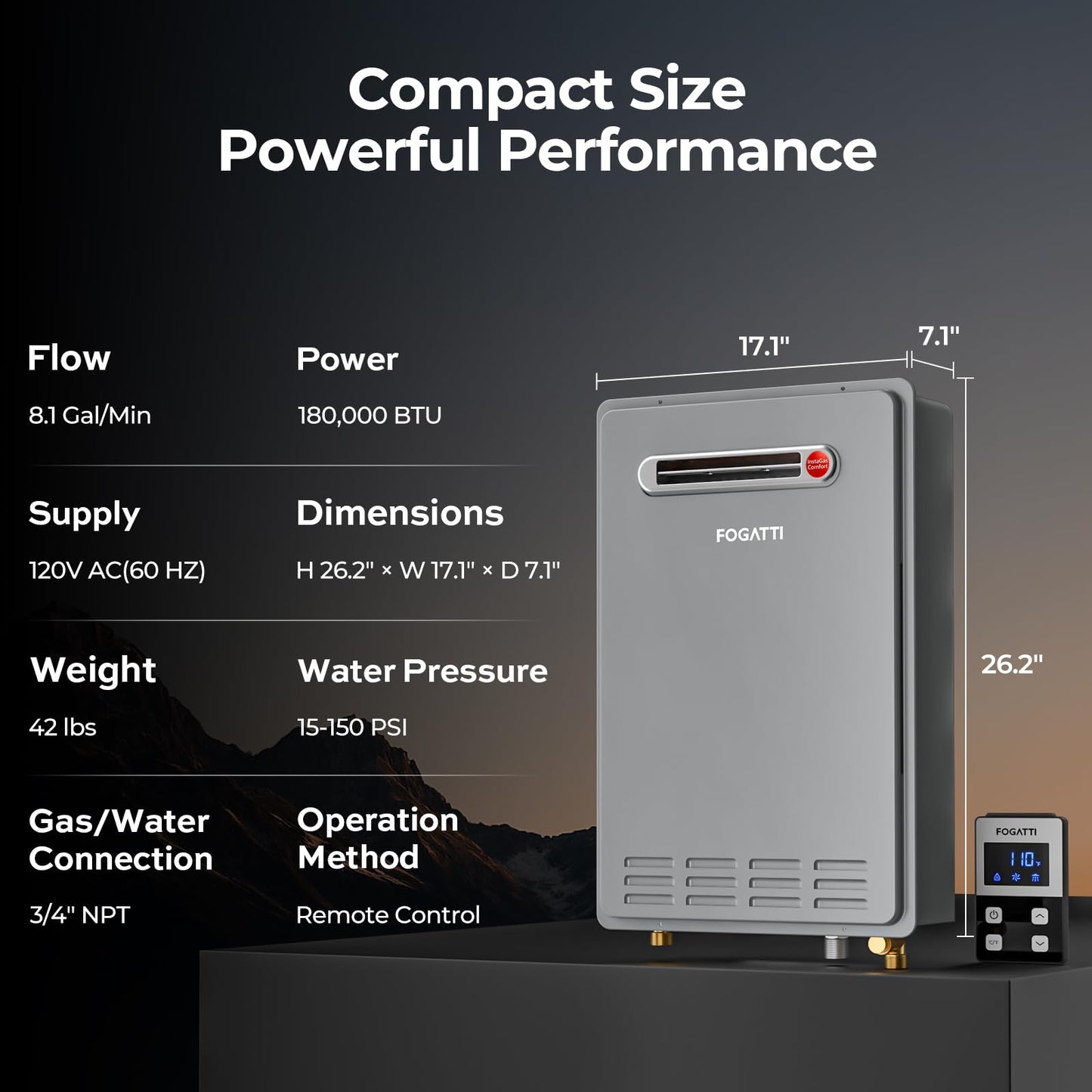 FOGATTI Propane Gas Tankless Water Heater Outdoor - Max 8.1 GPM 180,000 BTU, CSA Certified Compact Design On Demand Instant Hot Water Heater - Instagas Comfort 180S Series