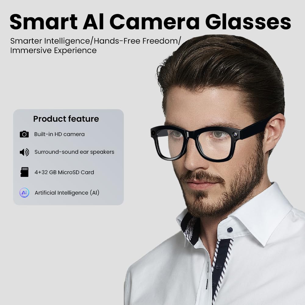 Smart Ai Camera Glasses - 500W Hd Camera, Bluetooth 5.3, Voice Control, Open-Ear Speakers, 230Mah Battery, Blue Light Protection