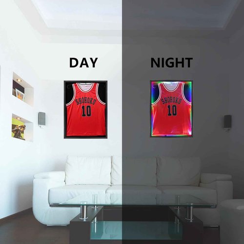 Grintus Jersey Frame Display Case,Lockable with Colorful Led Lights Display Box for Jersey Display with UV Protection Acrylic and Hanger for Baseball Basketball Football Hockey Sport Shirt,Black