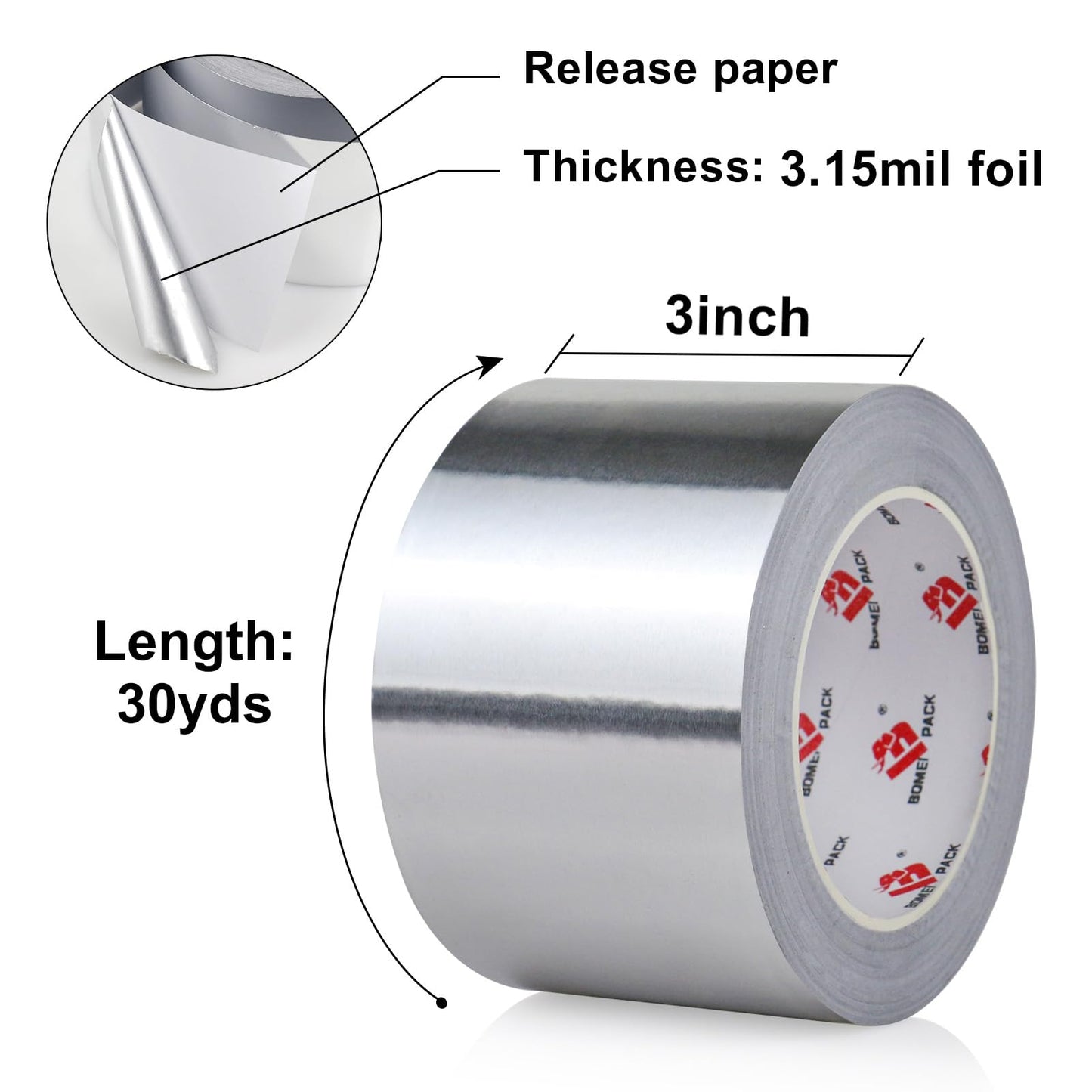BOMEI PACK Aluminum Foil Tape,Heavy Duty Metal Foil Tape,High Temperature Silver Duct Tape,Perfect for Sealing & Patching,HVAC,Air Ducts,Insulation and Metal Repair (3 Inch)