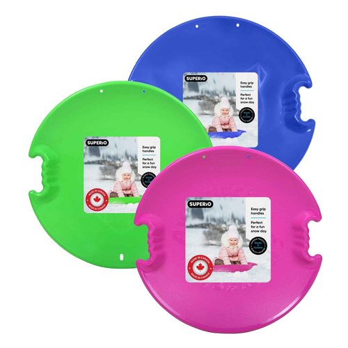 Superio Round Snow Saucer Sleds- Plastic Disc Sleds for Kids and Adults- Heavy Duty Sled Discs with Handles for Downhill Sledding, Winter Outdoor Sports (Blue-Green-Fuchsia, 26 Inch)