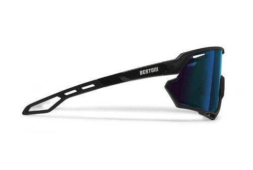 Bertoni Sport Cycling MTB Running Sunglasses for Men Women in TR90 100% UV Block mod. ALPHA (Matt Black/Shiny Black – Blue Mirror Lens)