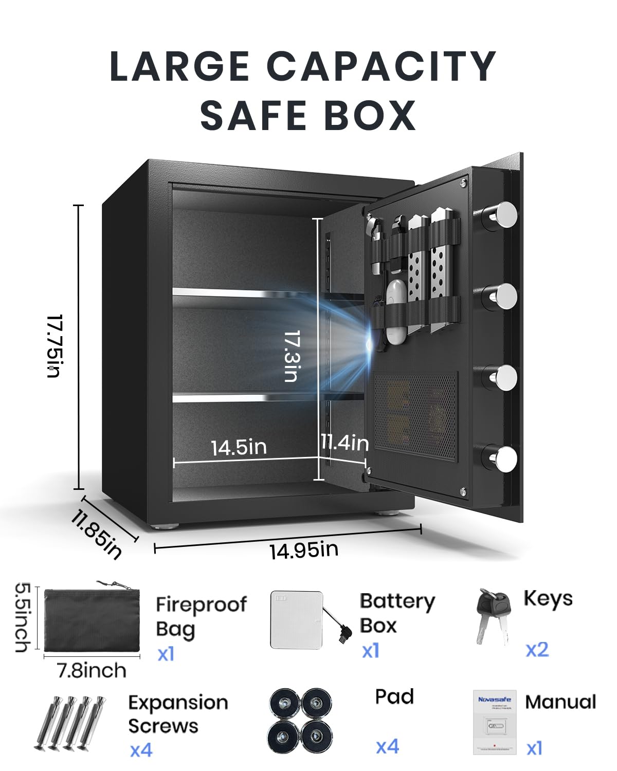 Biometric Safe, 2.0 Cu ft Fingerprint Home Safe Box with Fireproof Waterproof Bag & Key, Security Money Safe for Cash, Jewelry, Valuables, Digital Electronic Keypad, Dual Alarm System