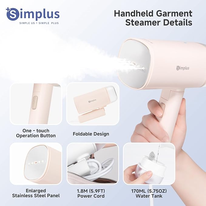 Simplus Travel Steamer for Clothes, Foldable 1200W Handheld Mini Steamer with 10-Second Fast Heat-up, 170ml Portable Water Tank for 10-Minute Garment Ironing, 1.1lbs Small Wrinkle Remover for Travel
