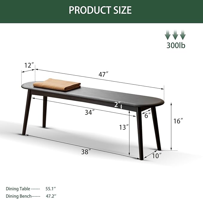 Vadisun 47'' 100% Solid Oak Wood Dining Bench,Rounded Corner Baguette Shape Chair Surface Design,Entryway Bedroom Bed End Bench (47.3inch, Black)