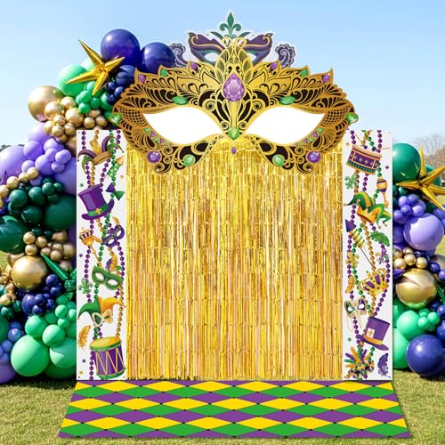 VitalCozy 7pcs Mardi Gras Party Decorations Masquerade Mask Party Banners Purple Green Gold Foil Fringe Backdrop Curtains ...