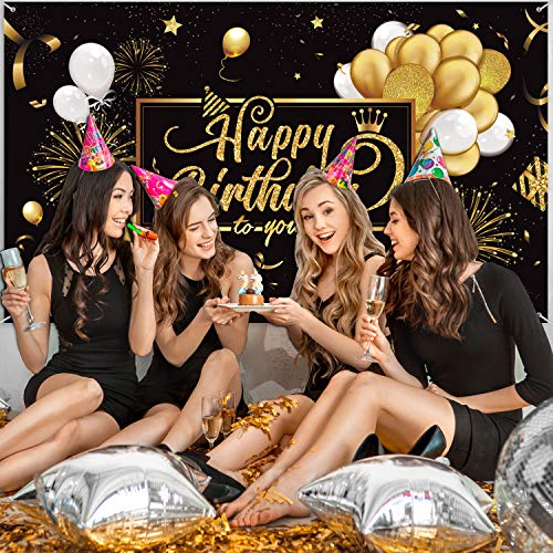 Blulu Happy Birthday Banner Sign Poster Large Fabric Glitter Balloon Fireworks Sign Photo Backdrop Background for Birthday...