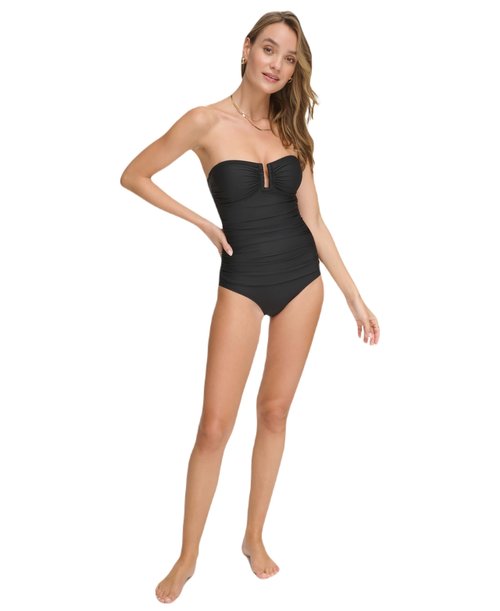 DKNY Women's U-Wire Bandeau One Piece Swimsuit with Tummy Control, Black, Medium