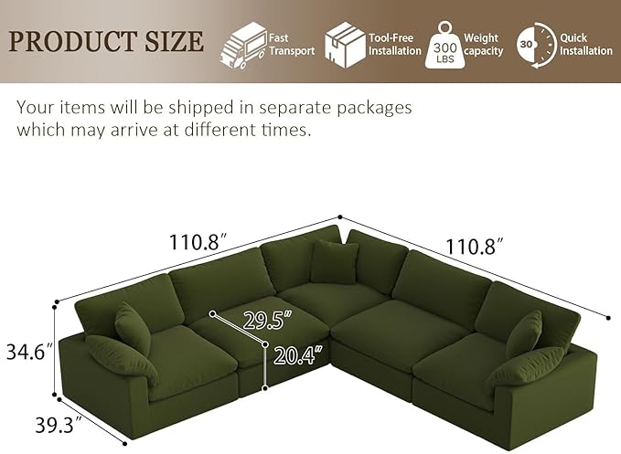 Forest aesthetics 211.6" Cloud Modular Sectional Sofa,Green Down Filled Sofa 5 Seat,Minimalist Sofa Cover Washable and Replaceable Couches for Living Room,Sectional Sofa Deep Seat