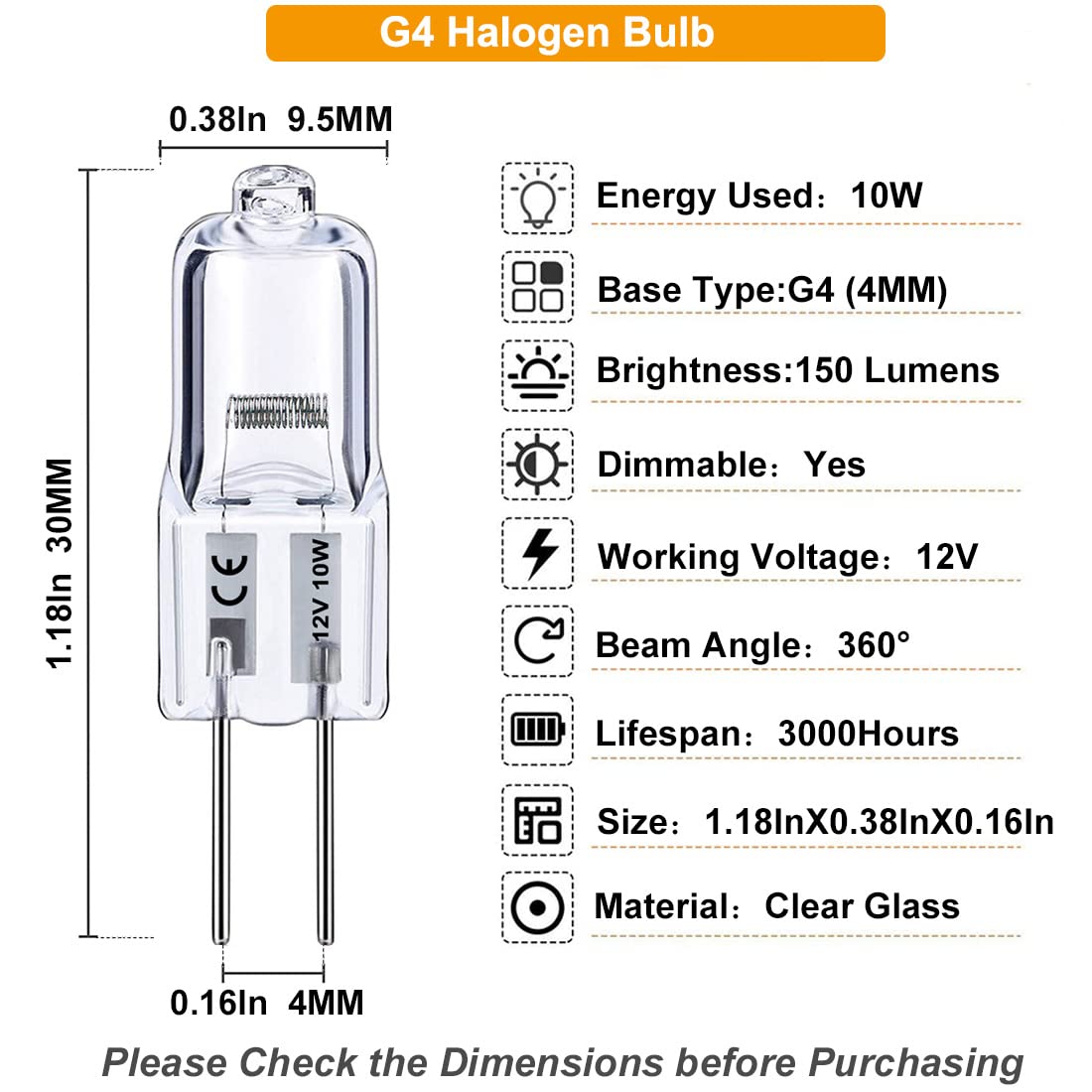 G4 Halogen Bulb, 10 Pack 12V 10W Bi-pin Base, High Output 150LM 3000Hrs Long Lifetime, Dimmable, CRI100 & 2800K Warm White, for Cabinet Light Bulbs