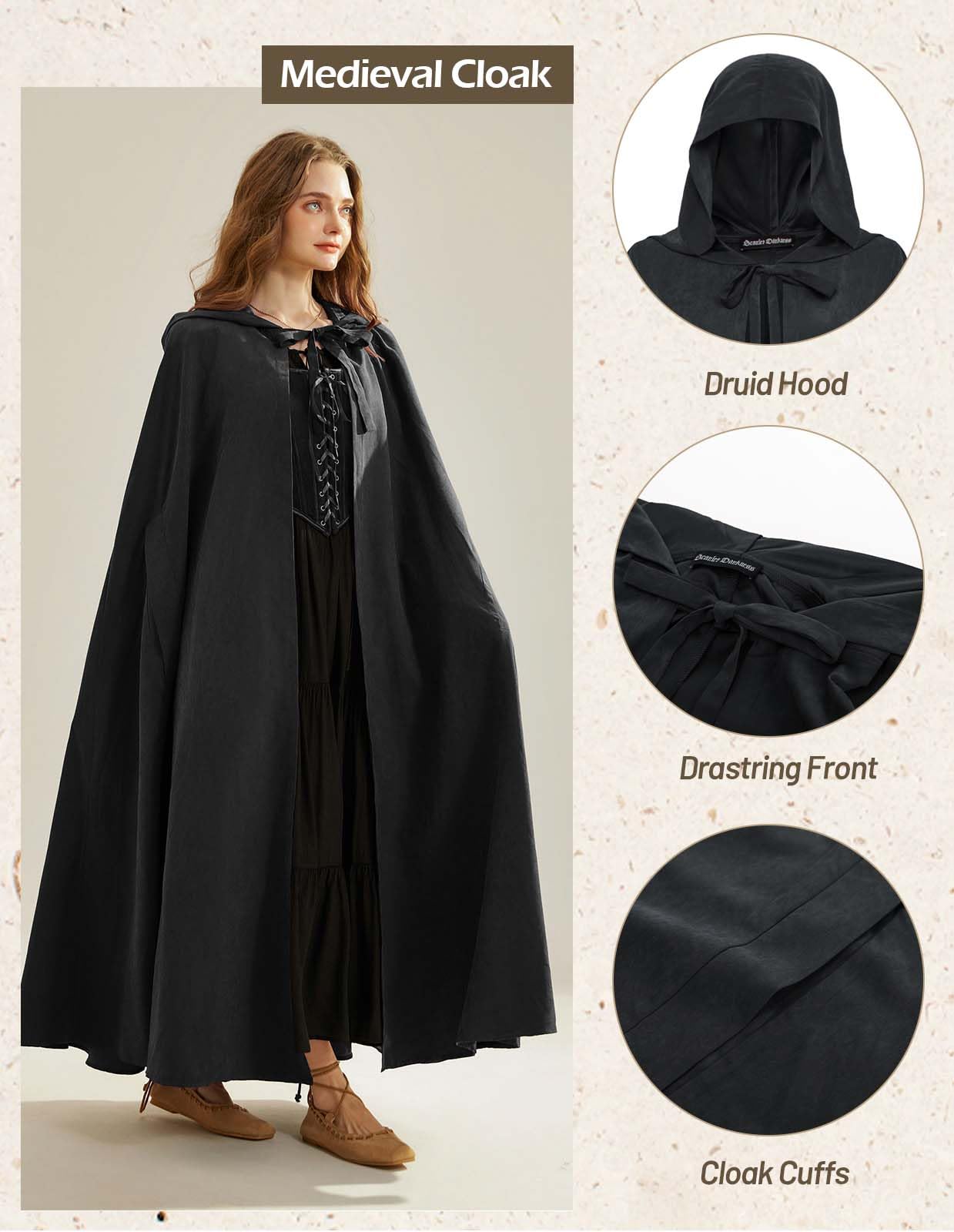Scarlet Darkness Women Renaissance Hooded Cape Medieval Cloak Hobbit Halloween Costume Black