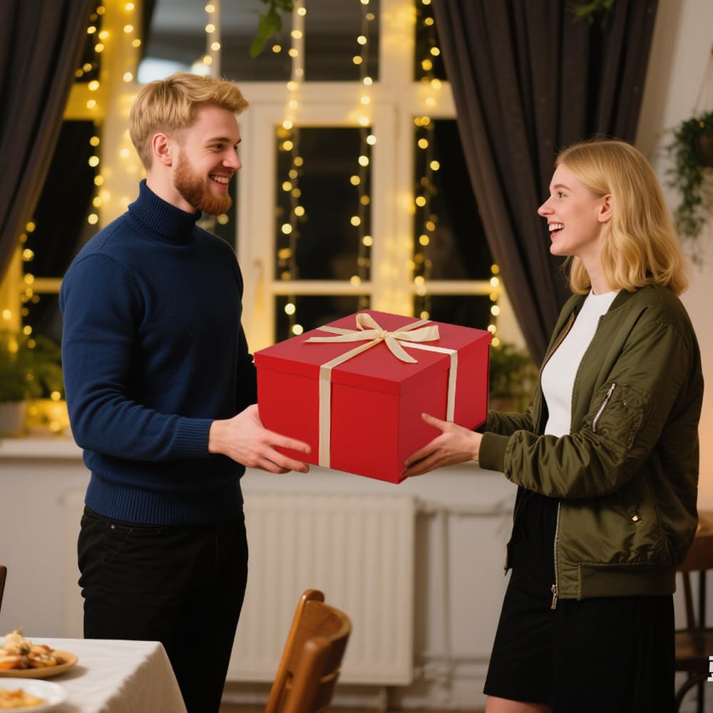 UoeRing 1Pcs Red Extra Large gift box with lids 13×13×7 Inches gift boxes for presents,Birthday Box (include Ribbon, Paper Shred Filler Gift Card & Envelopes)