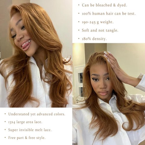 ijoy Light Brown 180% Density 13x4 Lace Front Wigs Human Hair Ginger Brown Straight Wig Pre Plucked with Baby Hair For Women 16 Inch
