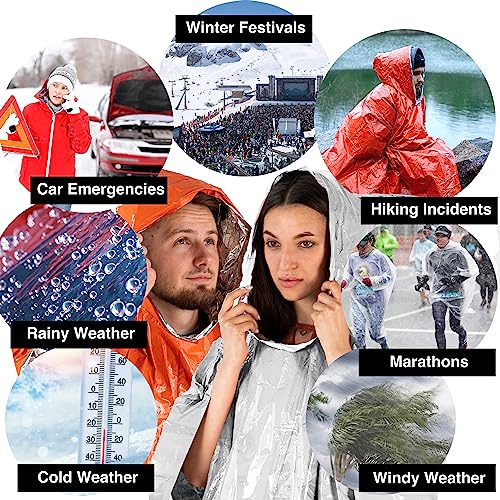 aZengear Emergency Survival Poncho (4pc) Thermal Mylar Foil Blanket for Heat Retention and Rain | Reversible with Hood | W...