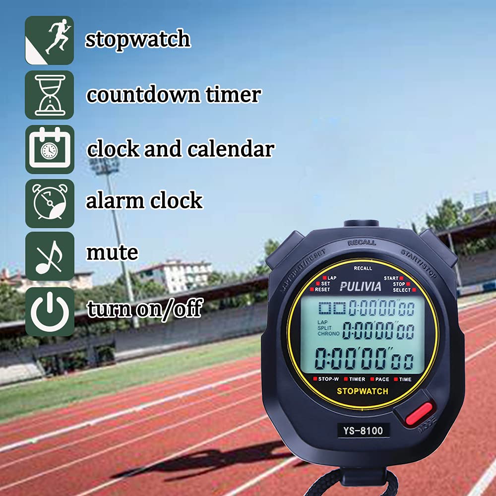 PULIVIA Sports Stopwatch Timer 100 Lap Split Memory Digital Stop Watch, Countdown Timer Pace Mode 12/24 Hour Clock Calendar with Alarm, 3 Rows Display Large Screen Water Resistant Battery Included