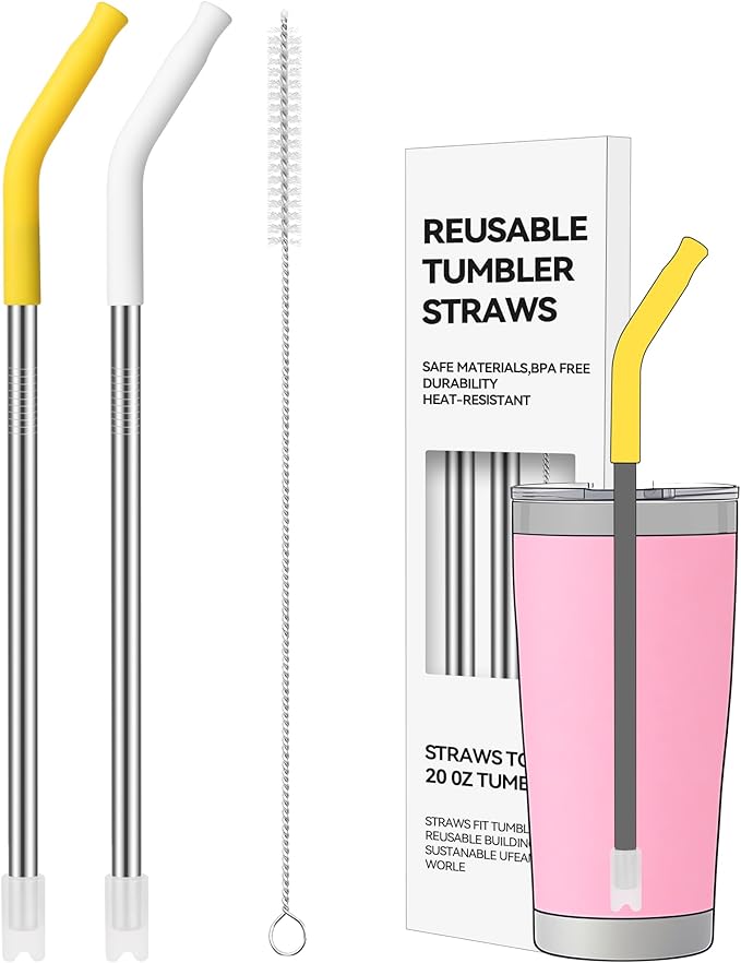 2 PACK Reusable Metal Straws, Stainless Steel Straws with Silicone Tip for 20 oz Tumbler, Long Drinking Replacement Straw for YETI, STANLEY, US Acrylio, BJPKPK, Simple Modern and so on
