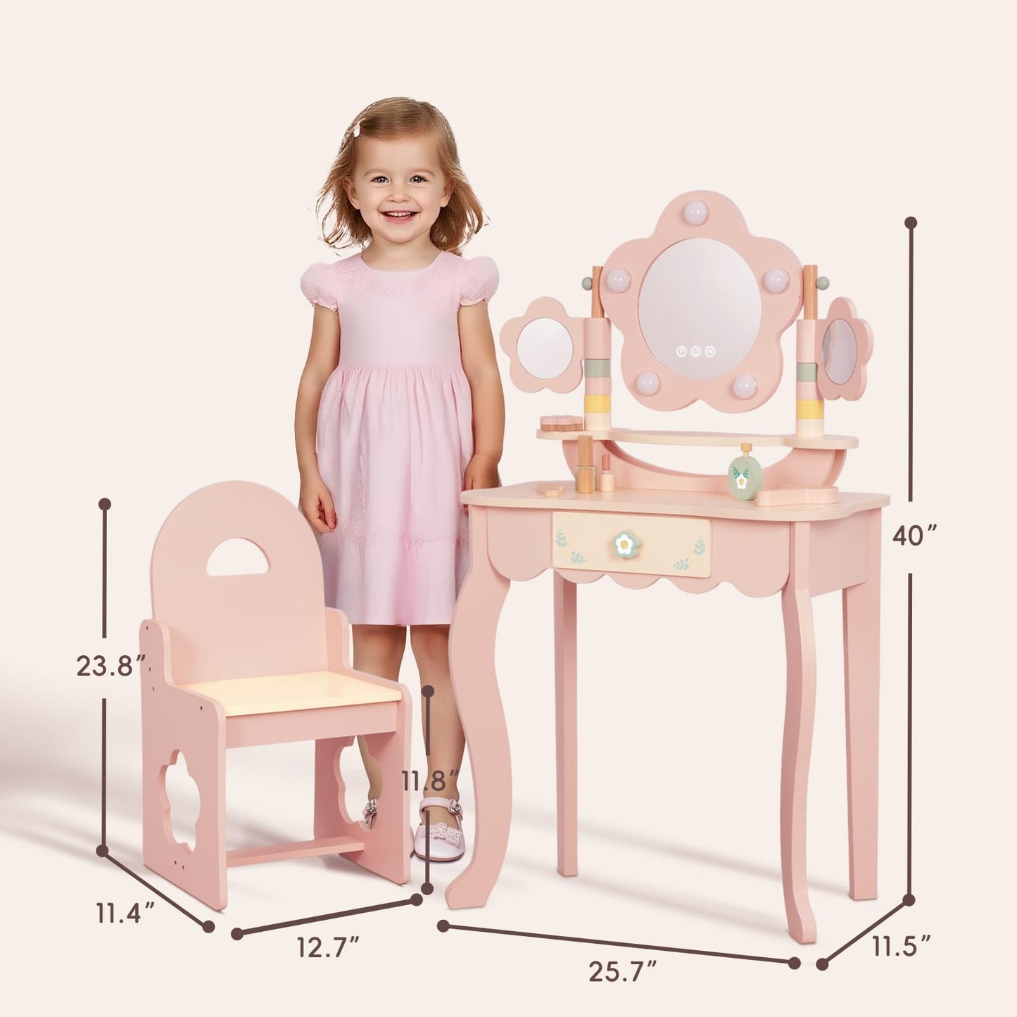 OOOK Kids Vanity Table and Chair Set with Lights, Makeup Vanities with Touch Screen 3 Colors, Pink Girls Vanitys, Enough for Real and Pretend Makeup, Toddler Vanity for 3 Year Old