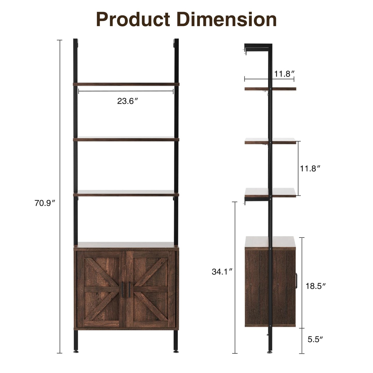 Ladder Bookshelf with Cabinet, 6 Tier Wall Mount Ladder Bookcase with Farmhouse Cabinet, Tall Open Ladder Shelf with Metal Frame for Living Room, Bathroom, Home Office, Rustic Brown