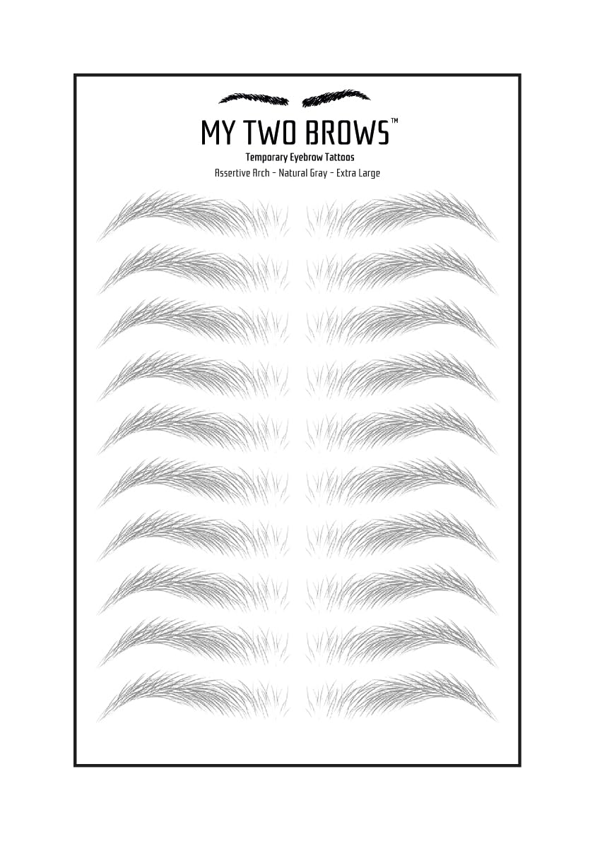 (10 pairs) Natural Gray Temporary Eyebrow Tattoo - Extra Large Size - Waterproof & Smudgeproof - Assertive Arch Style Eyebrow Stickers - Sheet Lasts up to 30 Days - Won't Work on Existing Brows