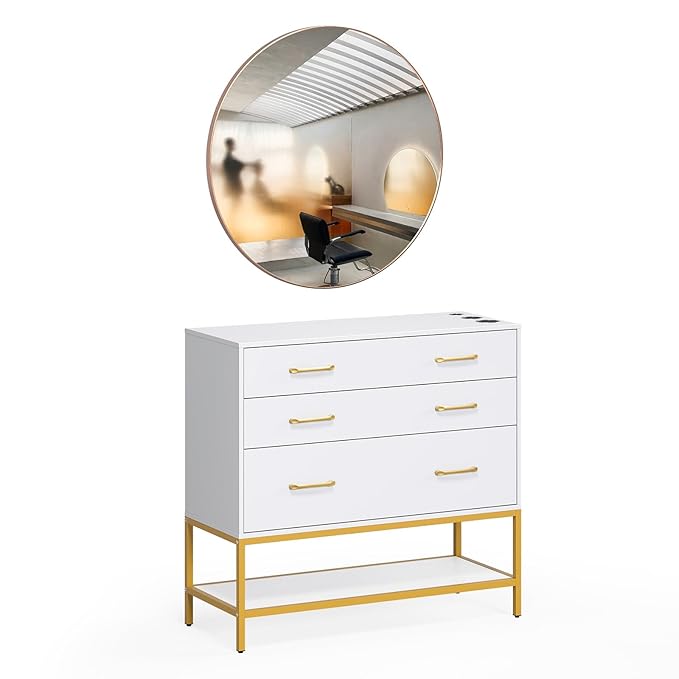 OmySalon Salon Stations for Hair Stylist, Barber Station with Mirror, 3 Drawers, Shelf & Tool Holders, Hair Storage Cabinet Organizer Table for Beauty Spa, Bedroom, White