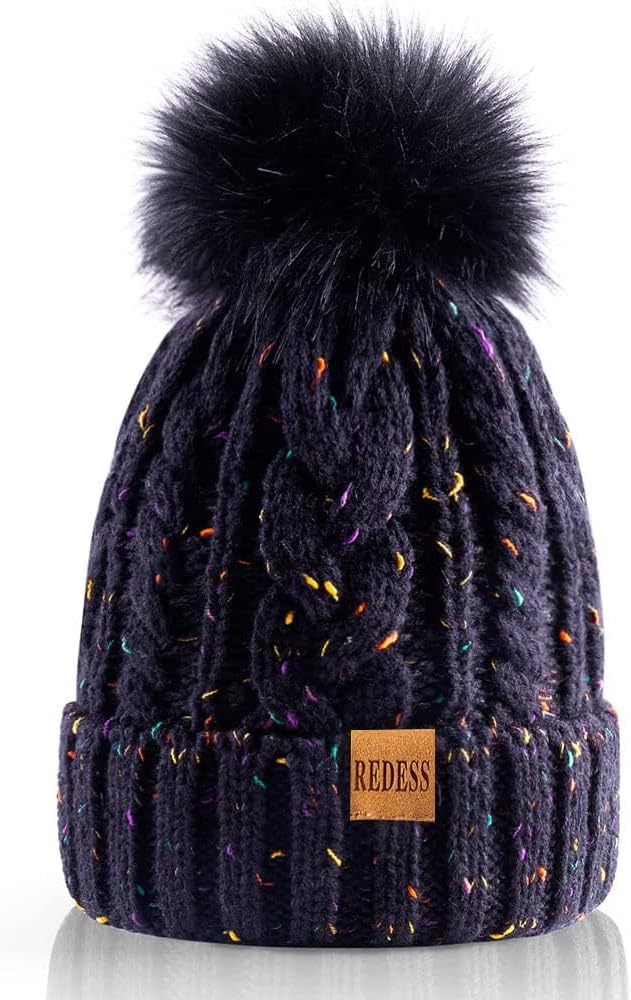 REDESS Women Winter Pompom Beanie Hat with Warm Fleece Lined, Thick Slouchy Snow Knit Skull Ski Cap