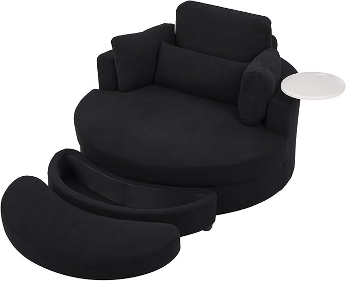 Yoglad Oversized Round Swivel Accent Chair - 360 Degree Chairs with Ottoman Armrest Tray Ideal for Living Room, Bedroom(Corduroy Black)