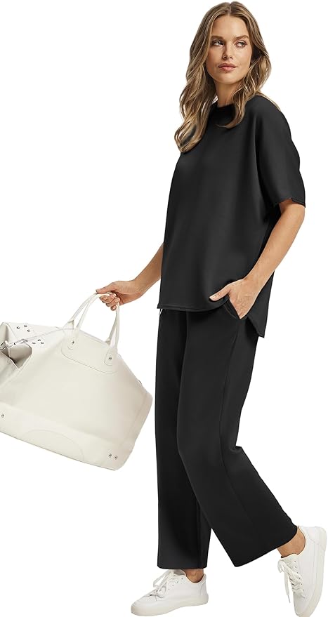 Sampeel Two Piece Sets for Women Summer Outfits Oversized Wide Leg Crop Pants Lounge Sets Airport Beach Vacation Clothes