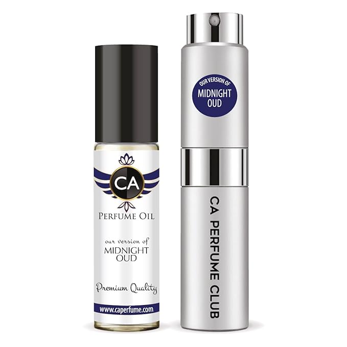 CA Perfume Duo Impression of Midnight Oud For Women And Men Perfume Layering Set Long Lasting Travel Size EDP + Body Oil Roll-On Bottle 0.27 Fl Oz+0.33 Fl Oz