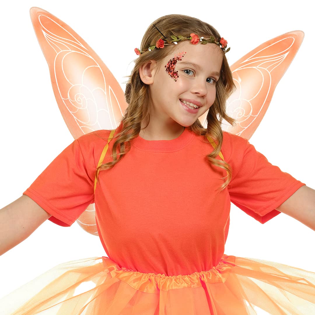 Funcredible Orange Fairy Wings, Fairy Crown and Glitter - Fairy Costume Accessories - Butterfly Costume for Women and Girls - Halloween Costumes for Women