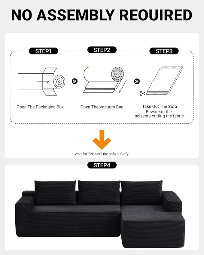 Vanress 97" Cloud Couch Sectional, Corduroy Boneless Couch with L-Shape Chaise,Modern Modular Sectional Sofa Comfy Deep Seat for Living Room, Bedroom, No Assembly (Black, Right Facing Chaise)