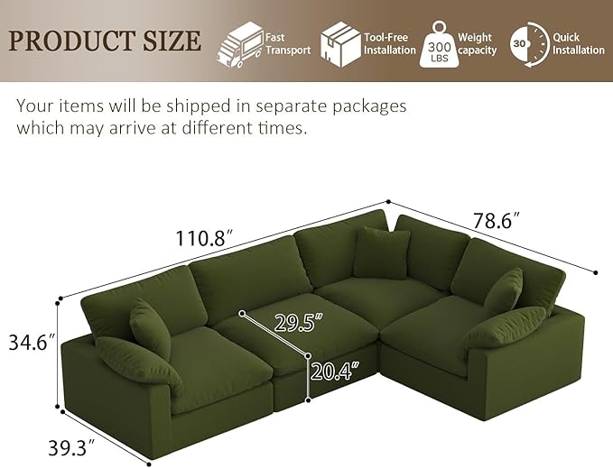 Forest aesthetics Modular Sectional Sofa, 4 Seater Cloud Couch,Down Filled Comfy Cloud Modern Sofa,Green Linen Oversized Couch Cushion Covers Removable for Living Room