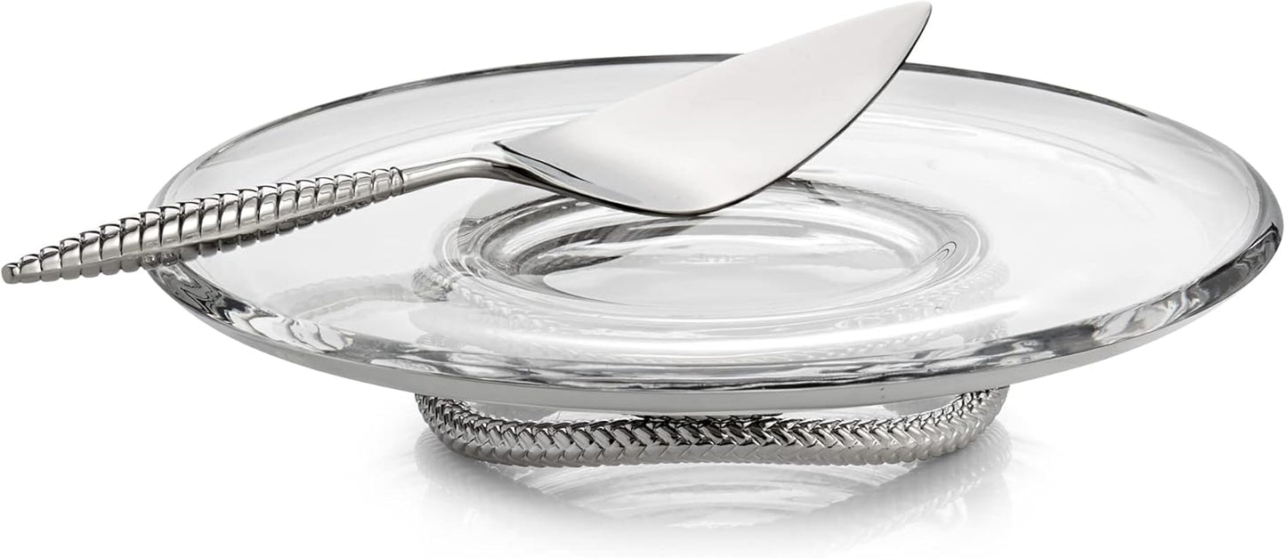 nambe Braid Pedestal Glass Cake Plate with Cake Server | Serving Platter for Cupcakes, Cookies, Birthday Cake | Dessert Display Stand for Parties, Weddings, and Gift | Dishwasher Safe (Silver)