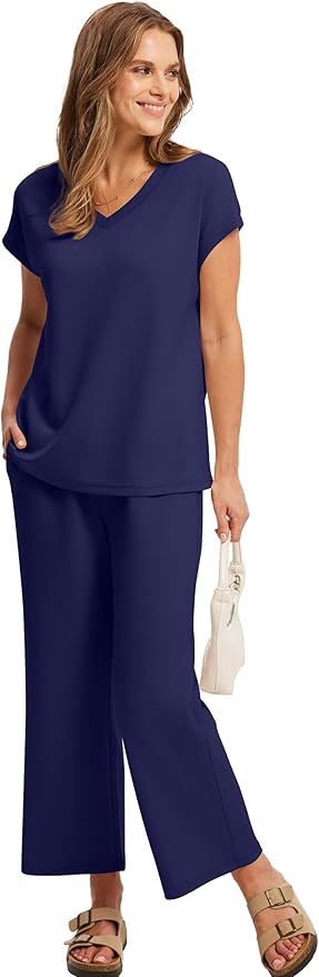 Saloogoe Two Piece Sets for Women Summer Outfits Lounge Sets V Neck Tops Wide Leg Pants Woman Vacation Travel Outfits