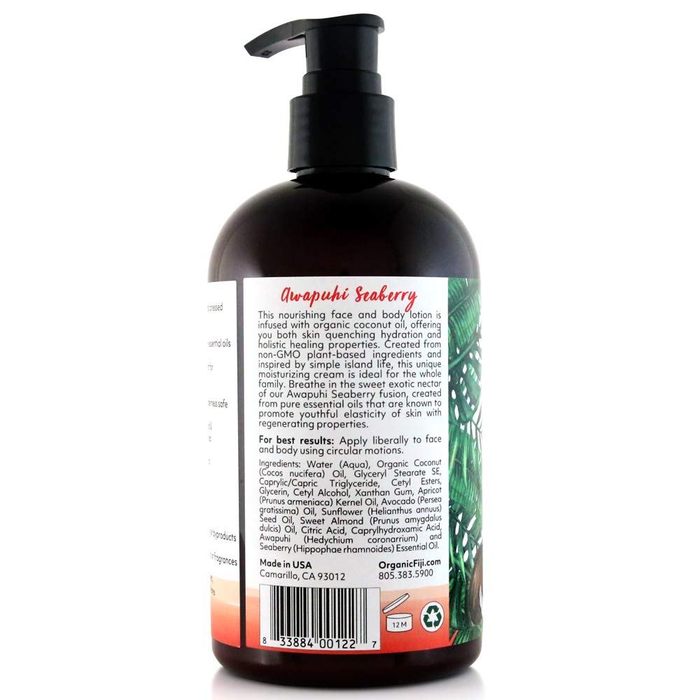 Coco Fiji Face & Body Lotion Infused With Coconut Oil | Lotion for Dry Skin | Moisturizer Face Cream & Massage Lotion for Women & Men | Awapuhi Seaberry 12 oz, Pack of 3