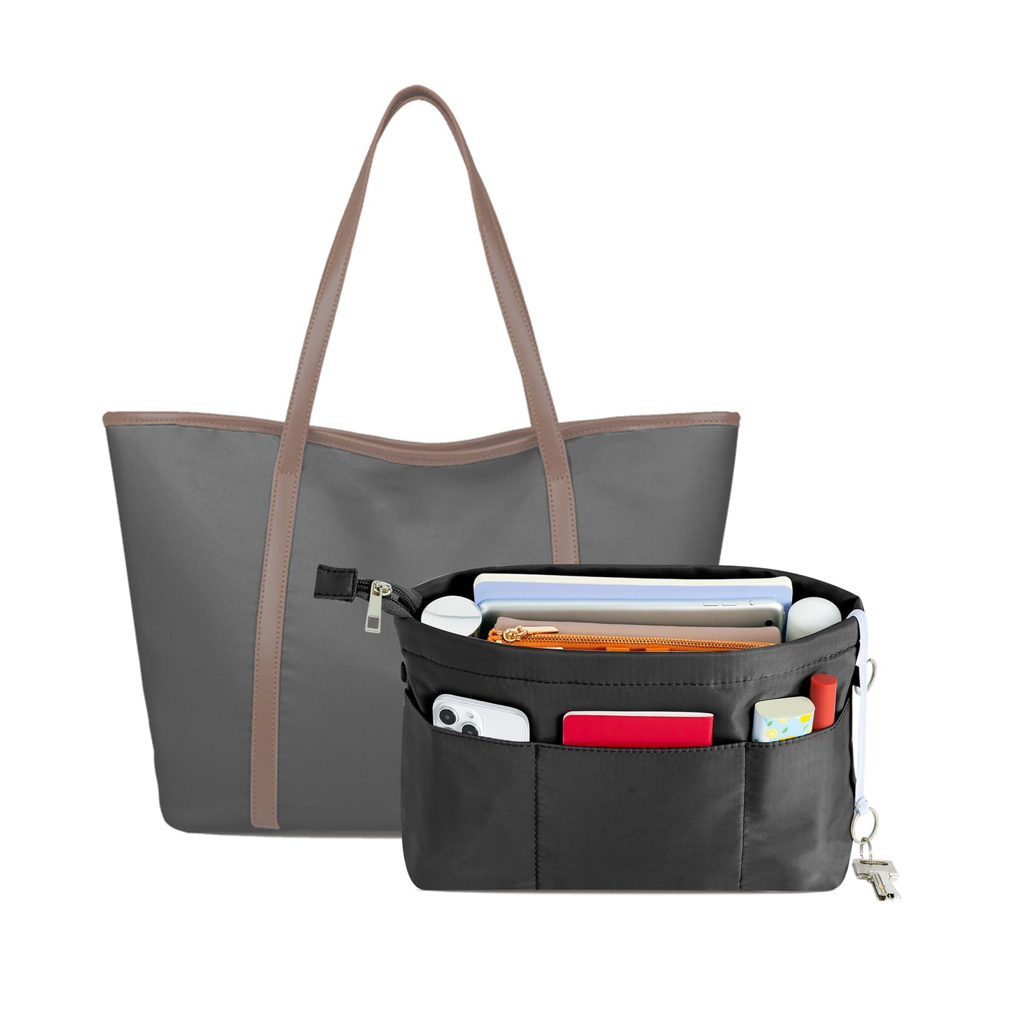 HyFanStr Purse Organizer Insert with Zipped Top for Tote Bag, Handbag Shaper with 13 Pockets, Black L