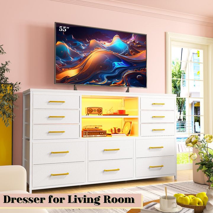EnHomee White Dresser for Bedroom with 12 Drawers, Fabric Bedroom Dresser with LED Lights & Power Outlets Long Dressers & Chest of Drawers, Sturdy Metal Frame for Closet, Living Room, Hallway