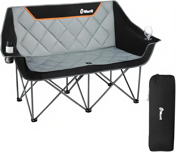 EMERIT Oversized Camping Chair with 650LB Capacity - Heavy Duty Folding Loveseat Camping Couch with Deep Seat & Rip-Resistant Fabric, Padded Comfort, Cup Holders for Outdoor, Lawn & Sports. | 650lb capacity, ripstop polyester, No center bar, cross-brac...