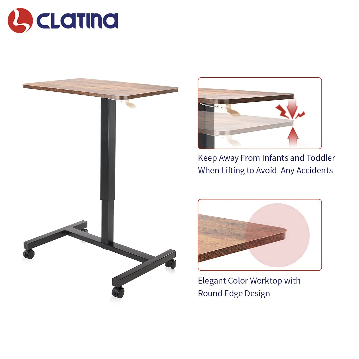 CLATINA Round Edge Design Elegant Mobile Laptop Desk Pneumatic Sit to Stand Table, Height Adjustable Rolling Cart with Lockable Wheels for Home Office Computer Workstation, 28" x 19" Brown