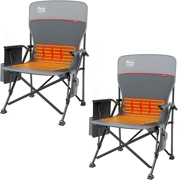 TIMBER RIDGE Oversized 2 Pack Heated Camping Chair for Outdoor Sports, High Back Padded Lawn Chair for Adults Support Up to 500lbs with Cup Holder, Side Pocket(Power Bank not Included)