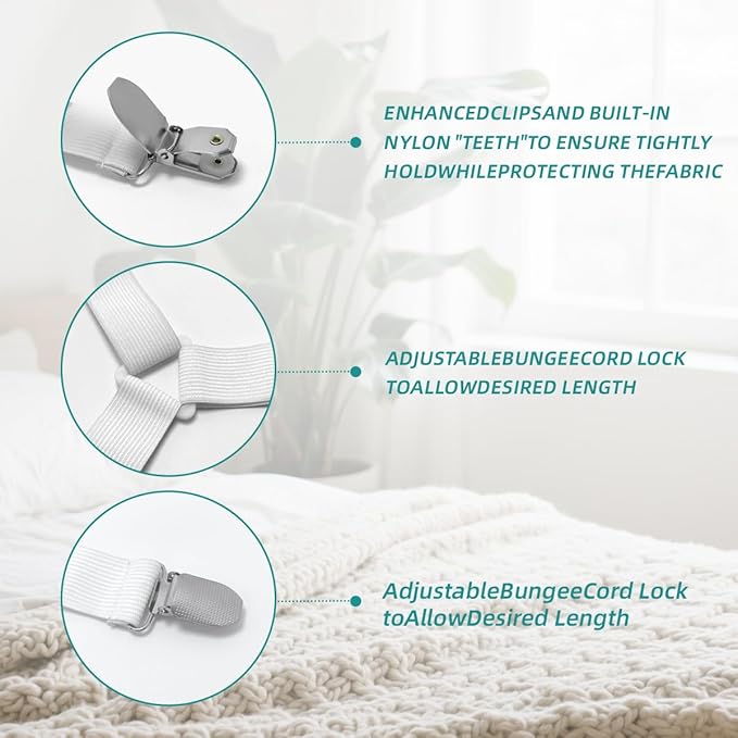 Bed Sheet Retainer Straps,Elasticated Adjustable Mattress Fitted Sheet Clips,Sheet Holder and Mattress Firm and Tight,for Anti-Slip and Anti-Wrinkle Sheets,Suitable of Mattresses,White