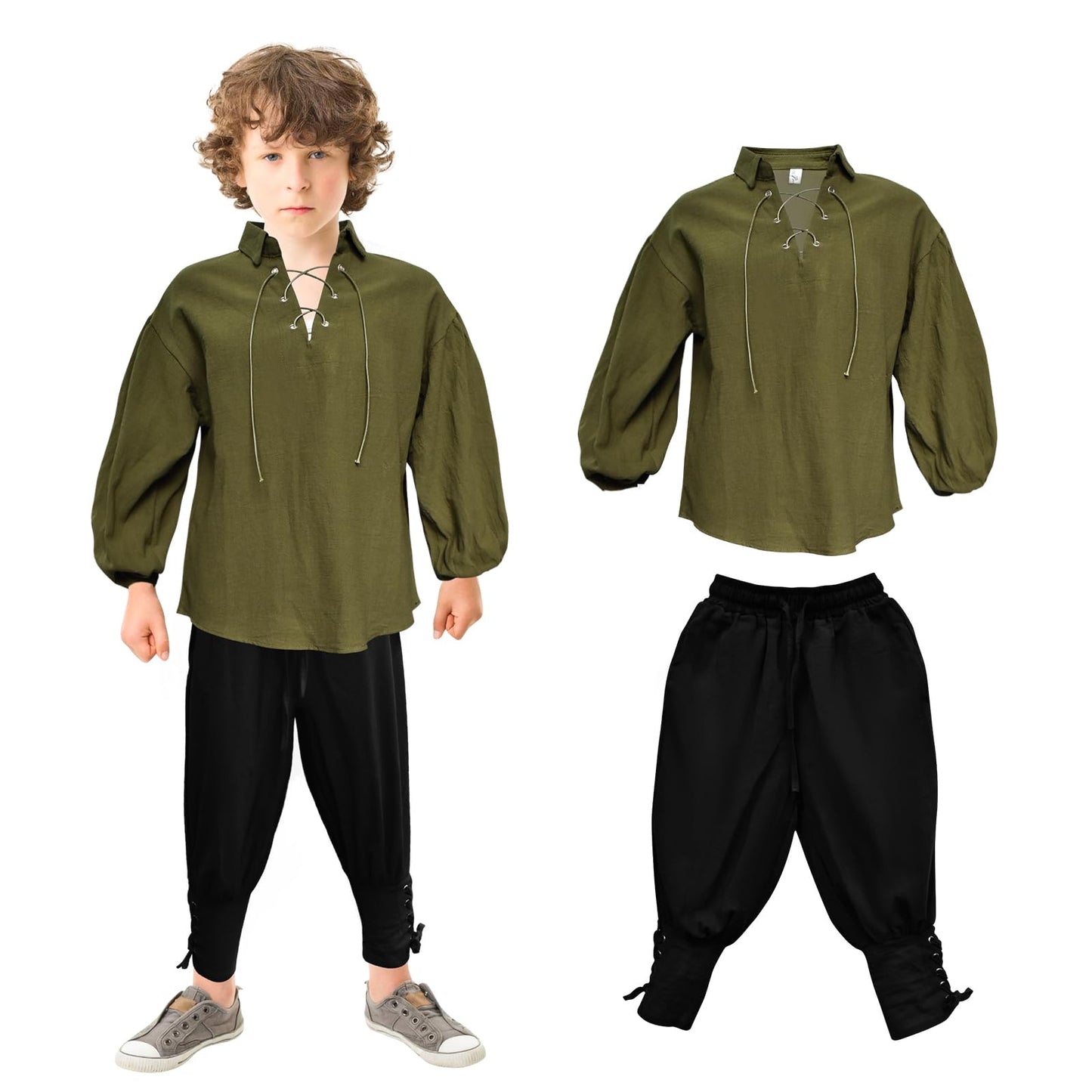 Prebene Boys Medieval Pirate Set Shirt & Ankle Pants Kids Renaissance Halloween Costume Scottish Jacobite Tops and Trousers (Green+Black, 6-8T)